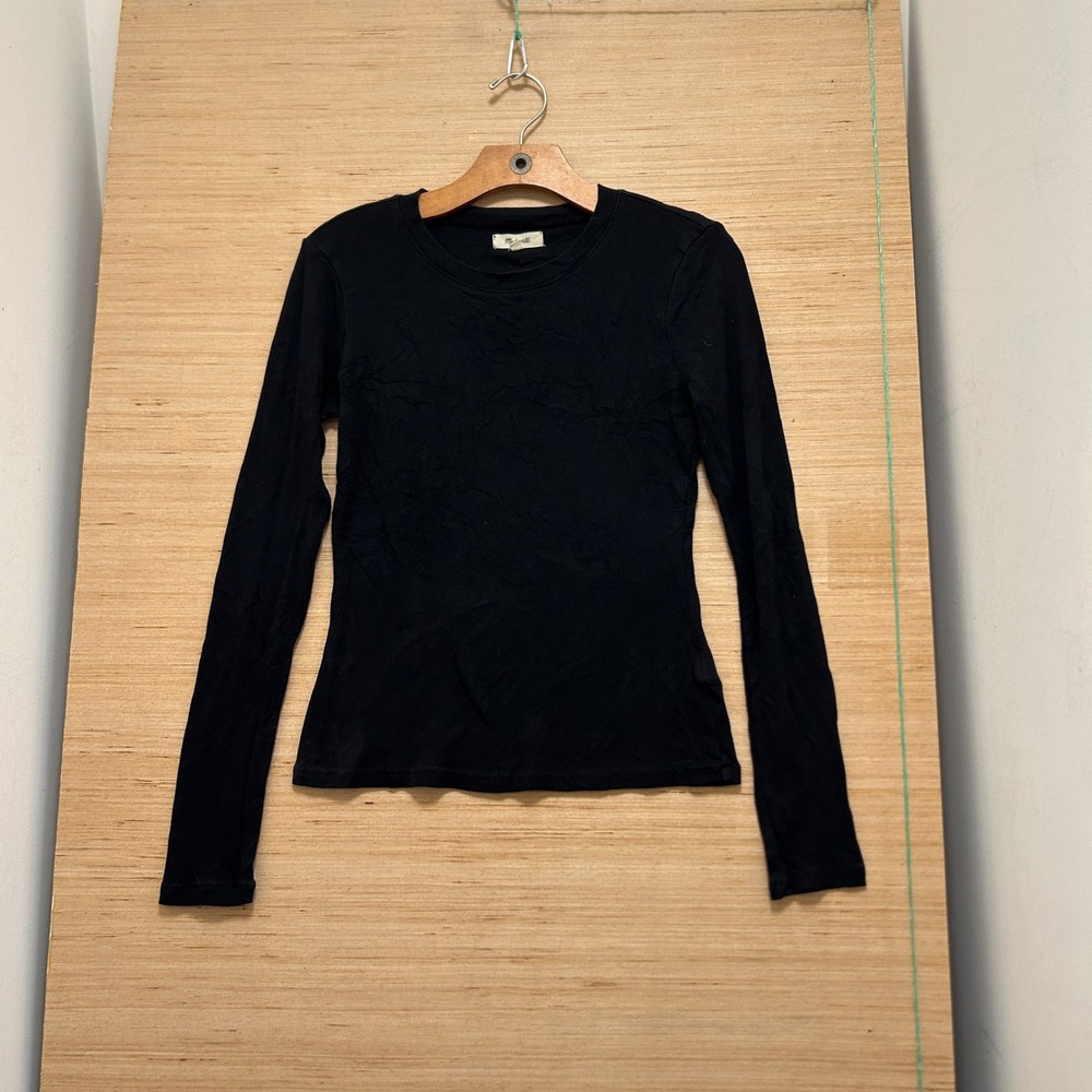 Madewell Womens Black Ribbed Crewneck Long Sleeve T-Shirt Size Medium Slim Fit